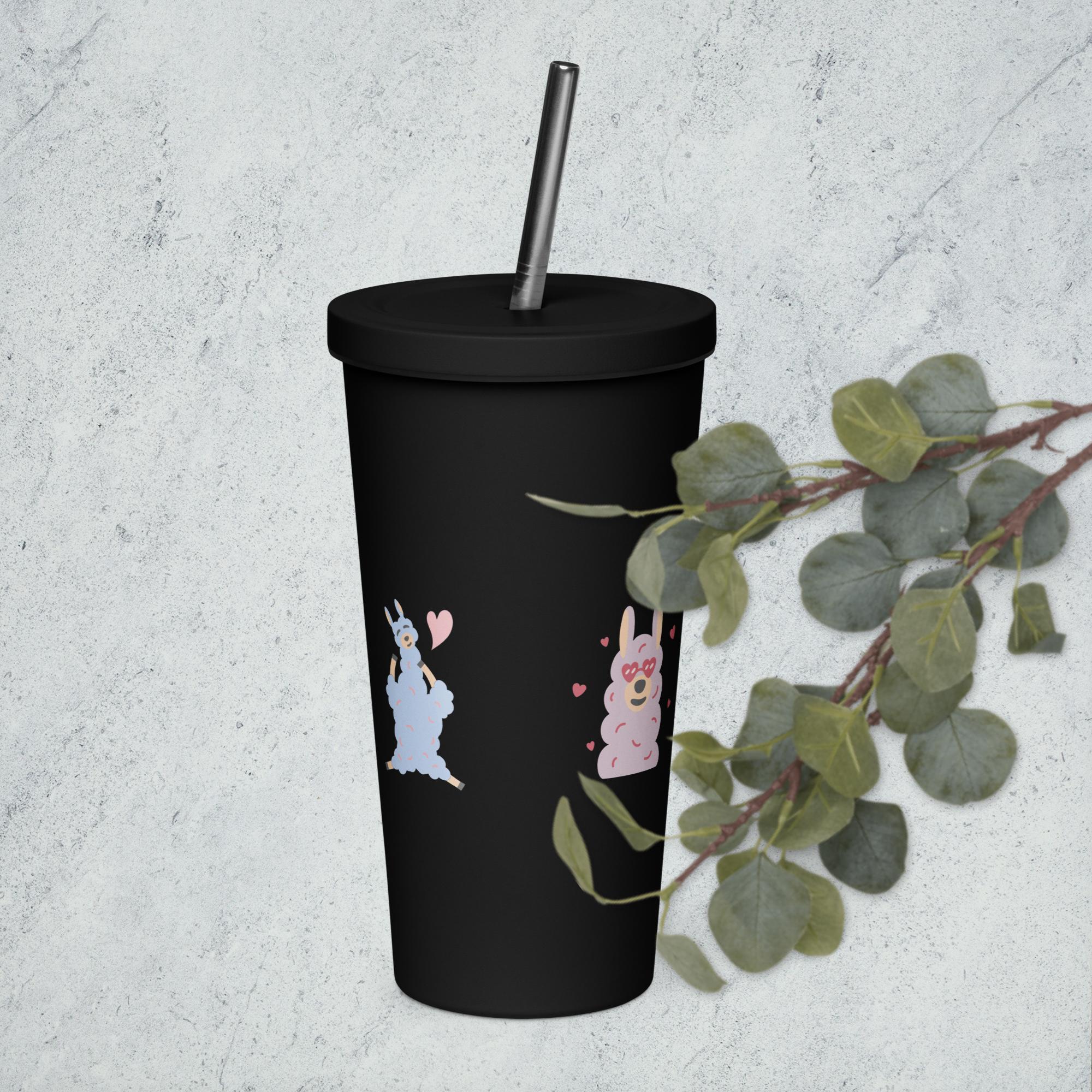 Sheep Insulated tumbler with a straw featuring colorful designs and a silver straw on a light background.