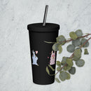 Sheep Insulated tumbler with a straw featuring colorful designs and a silver straw on a light background.