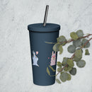 Sheep Insulated tumbler with a straw featuring colorful designs and a silver straw on a light background.