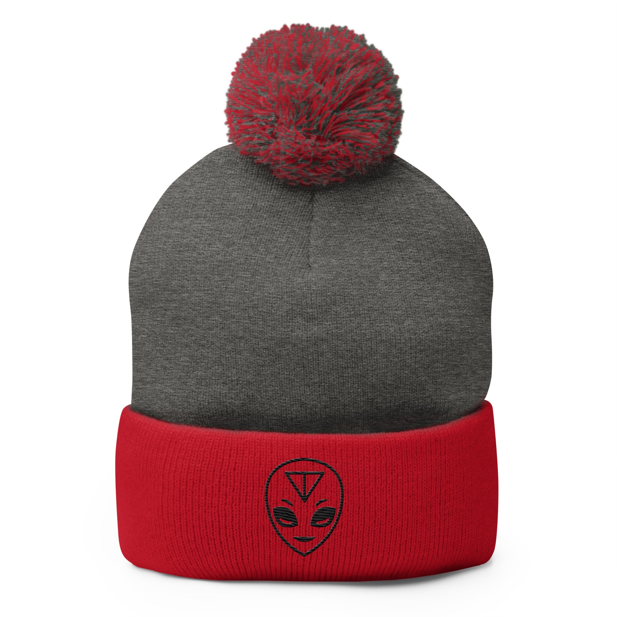 Pink Alien Pom-Pom Beanie in gray and black with a fluffy pom-pom on top and embroidered alien design.