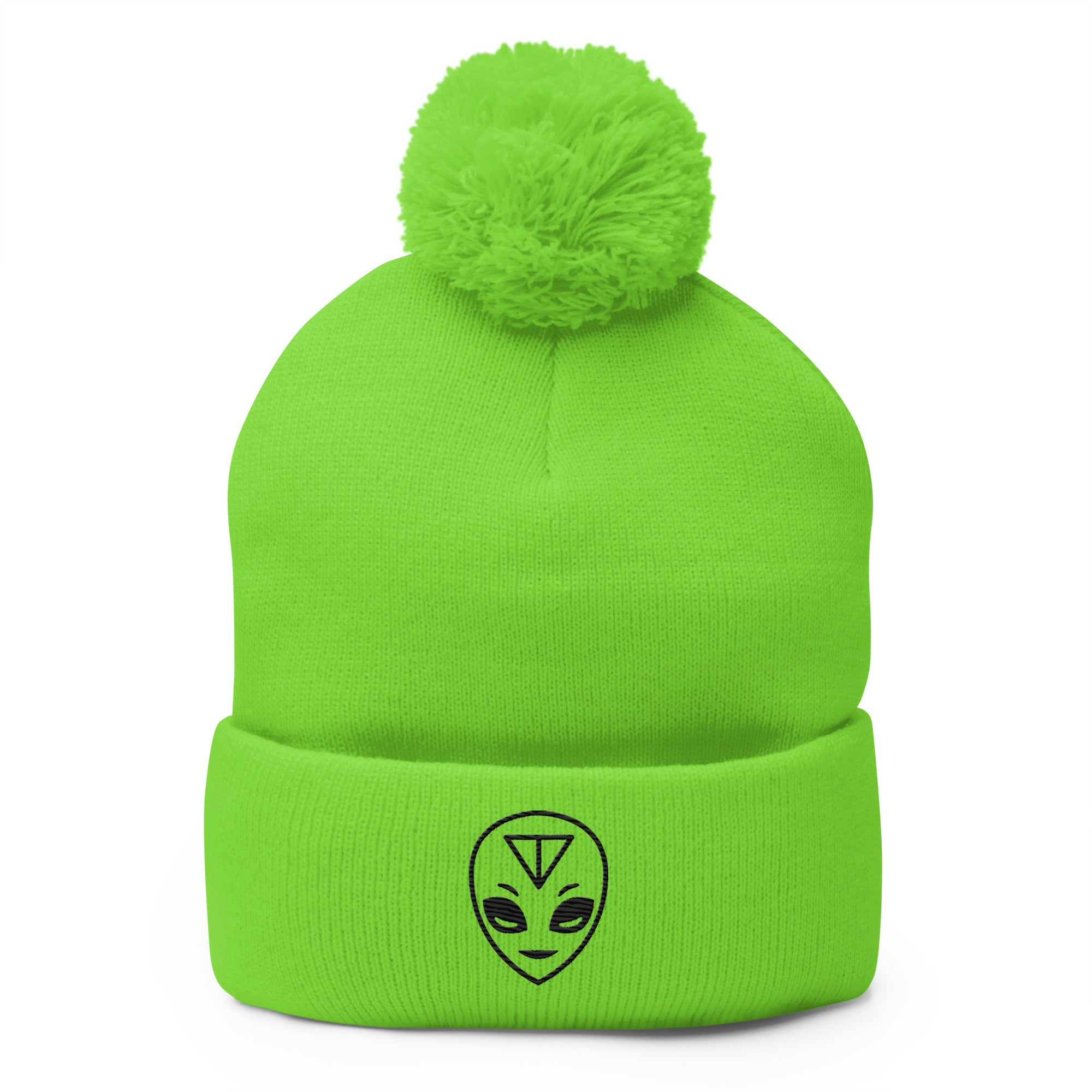 Pink Alien Pom-Pom Beanie in gray and black with a fluffy pom-pom on top and embroidered alien design.