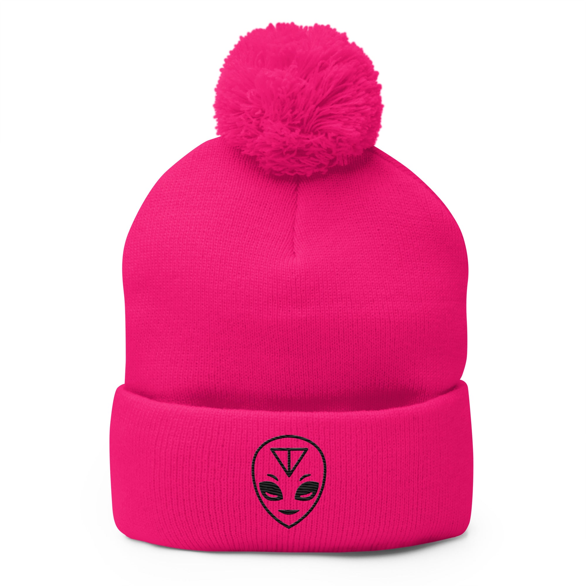 Pink Alien Pom-Pom Beanie in gray and black with a fluffy pom-pom on top and embroidered alien design.