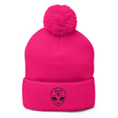 Pink Alien Pom-Pom Beanie in gray and black with a fluffy pom-pom on top and embroidered alien design.